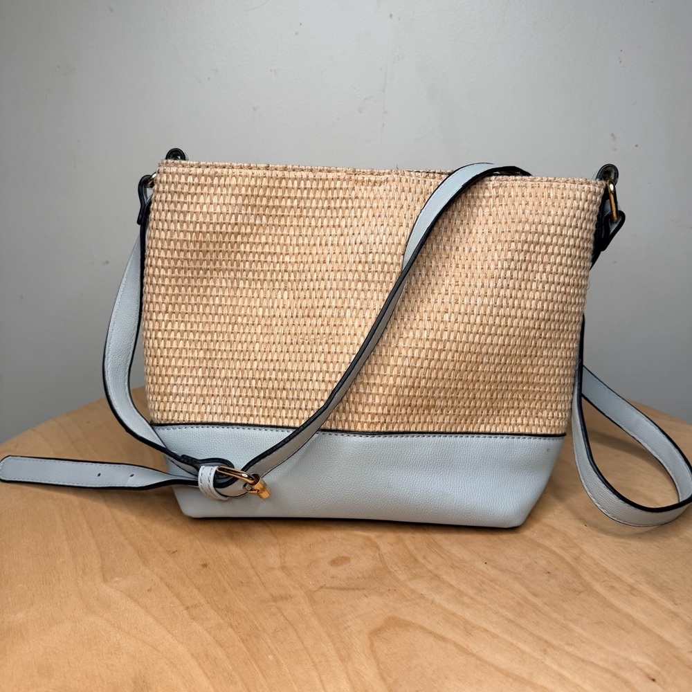IZZY & ALI Vegan Leather Wicker Satchel Crossbody Bag Straw Colorblock Boho